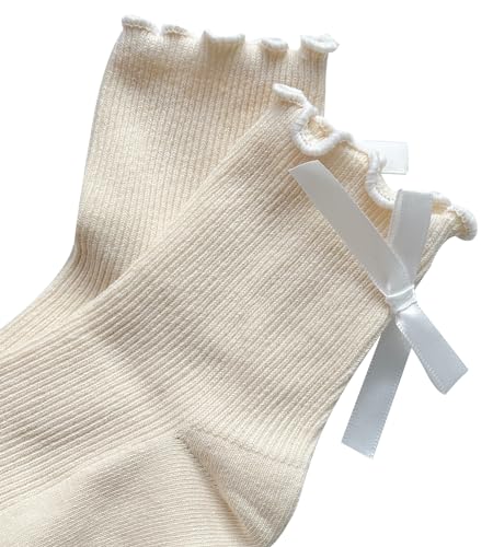 Women's Bow Socks Ruffle Crew Socks - Black & White, 4 Pairs, One Size