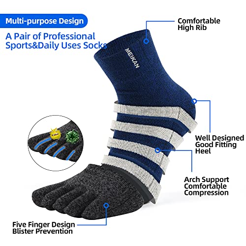 Men's Cotton Toe Socks 5-Finger Compression Crew No Show Athletic Socks - 4 Pairs (Size 7-11) Classic Stripe-02