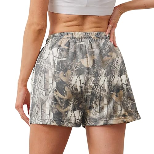 Medium Camo Sweat Shorts for Women Drawstring Elastic Waist Maple Leaf Print Lounge Athletic Shorts with Pockets - JoinQueen