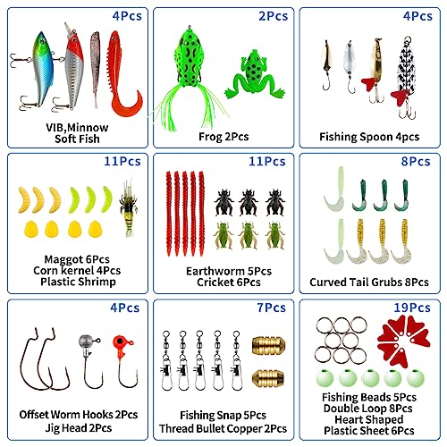Fishing Lures Kit for Freshwater & Saltwater - 78 Pcs Tackle Box with Spoon & Worms - Variation 70