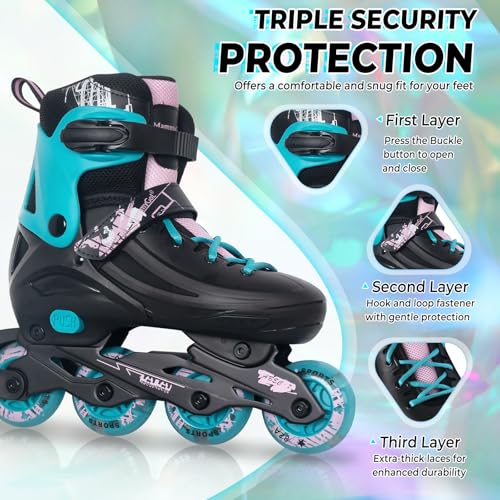 Adjustable Inline Skates for Kids & Adults with Light-Up Wheels - Teal Pink XL