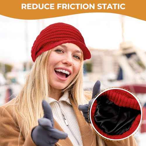 Womens Satin Lined Beanie Slouchy Winter Knit Hat Newsboy Hat with Brim Silk Lined Beanie