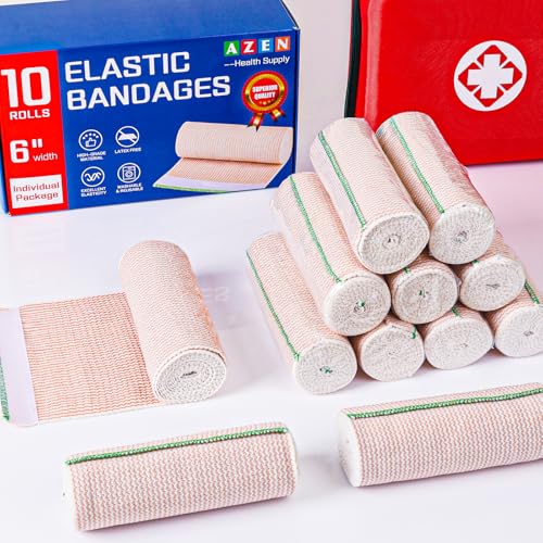 AZEN Premium 10 Pack Elastic Bandage Wrap 6 Inch, Compression Wrap Bandage for Legs, Lymphedema Wraps for Legs, Ankle, Knee, Tummy