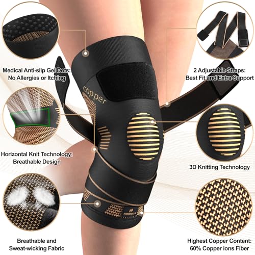 NEENCA Copper Knee Brace with Straps for Women/Men, Knee Compression Sleeve for Knee Pain, Arthritis, ACL, Meniscus Tear, Joint Pain Relief. Knee Support for Running, Workout, Weightlifting - Single