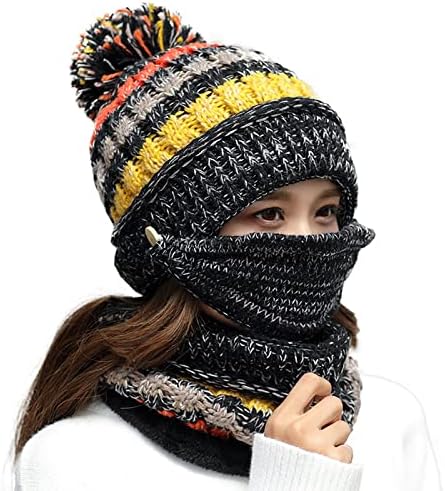 Ypser Women's Winter Warm Knitted Crochet Hat Fleece Lined Cable Faux Fur Pom Pom Beanie Hat Skull Cap