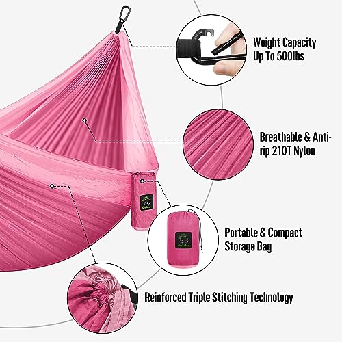 Pink Double Camping Hammock with Tree Straps - Portable Lightweight Nylon Parachute for Indoor Outdoor Travel