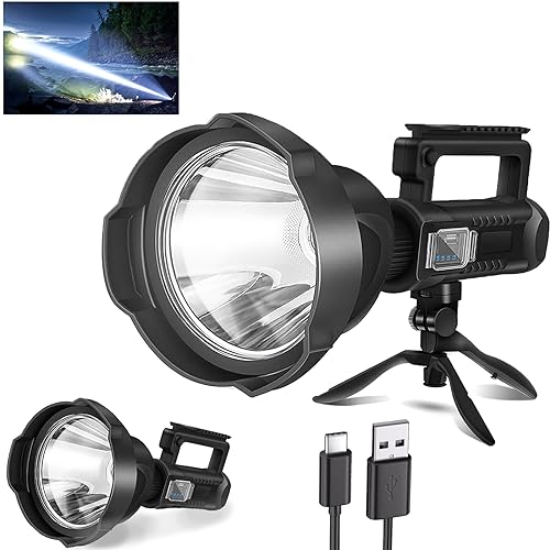 Rechargeable 3,000,000 Lumens Spotlight with 1500M Range, IPX5 Waterproof, Multi-Mode, Tripod