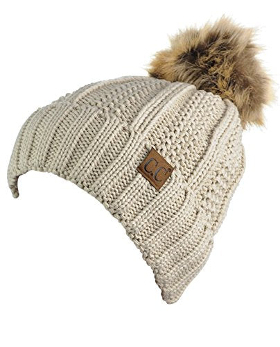 Beige Faux Fuzzy Fur Pom Beanie Hat - Thick Cable Knit Skull Cap with Cuff