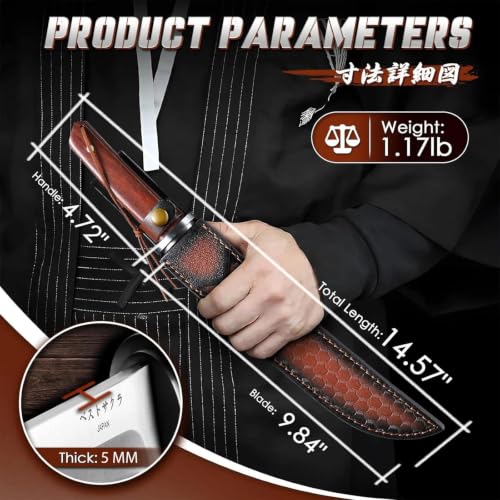9.8 Inch Japanese Tanto Knife Fixed Blade with Rosewood Handle & Leather Sheath