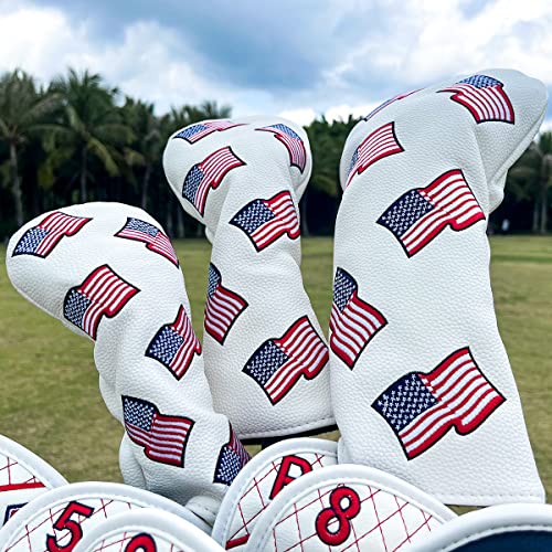 3pcs US Flag Patriotism Golf Club Head Covers Set for Driver, Fairway & Hybrid - Synthetic Leather
