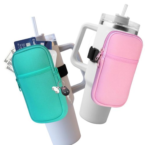 Vidotim Water Bottle Pouch for Stanley Accessories, Running Water Bottle Handheld Caddy Compatible with kinds of Tumbler, Gym Water Bottle (2, Green+Pink, Longer)