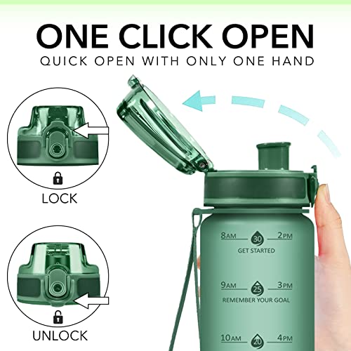 32oz Water Bottle with Time Marker & Strap - Green Motivational Drinkware