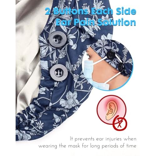 Satin Lined Bouffant Scrub Nurse Cap with 4 Buttons and Sweatband Adjustable