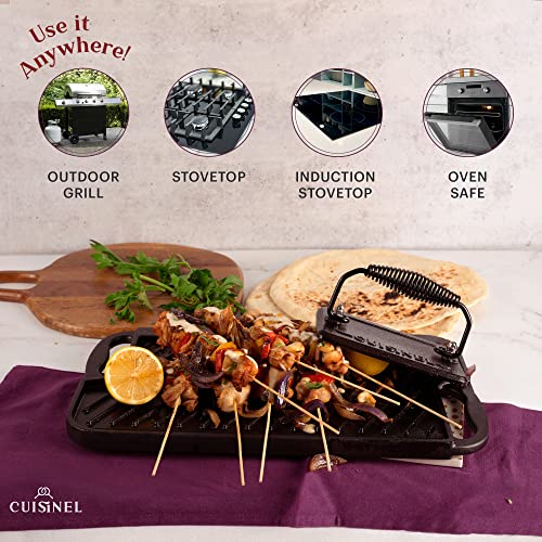 Reversible Cast Iron Griddle with Grill Press Set - 16.75 Inch, Double-Sided Cooking Surface