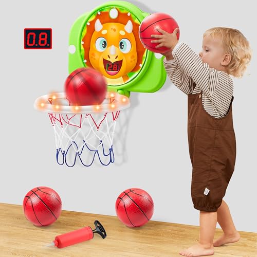 SYNCFUN Dinosaur Mini Basketball Hoop LED Scoring Toy for Kids, Adjustable & Space-Saving Indoor Play, Over 18 Months
