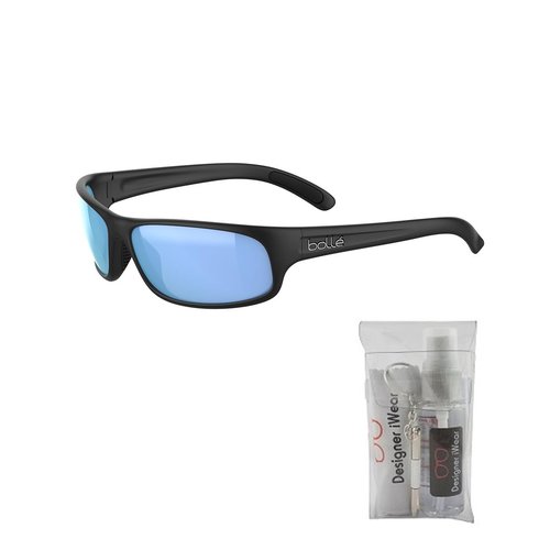 bollé Anaconda BS027008 64MM Black Matte/Sky Blue Polarized Rectangular Sunglasses for Men +BUNDLE with ACCESSORY EYEWEAR KIT