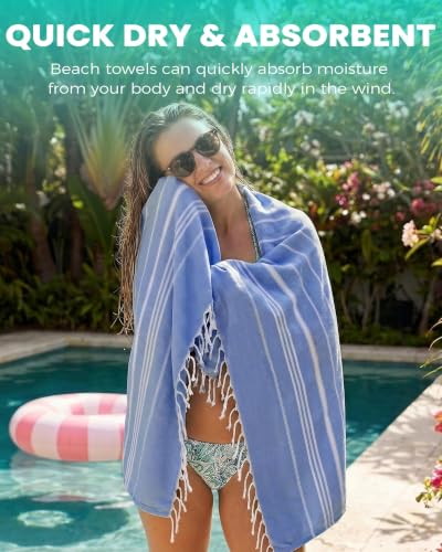 Antfuny Thin Blue Turkish Beach Towel 72x36 Inch Sand-Free Quick-Dry Pool Mat