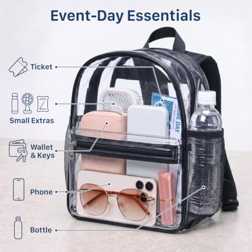 PACKISM Small Clear Backpack for Stadium Events - Black, 11.6 x 8.8 x 6.3 Inches