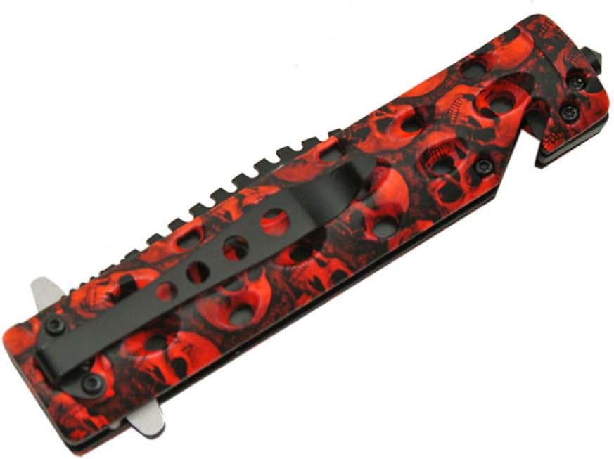 SZCO Supplies Assisted Opening Skull Knife - 8.5" Red & Black Tactical Folding Knife with Stainless Steel Blade, Seat Belt Cutter, Glass Breaker, and Pocket Clip - Skull Design EDC Knife