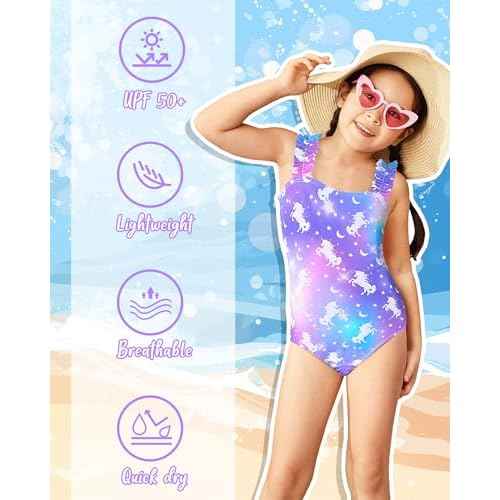 Girls Swimsuits One-Piece Bathing Suits Summer Kids Beach Swimwear Suits with Adjustable Strap Quick Dry Rainbow Unicorn