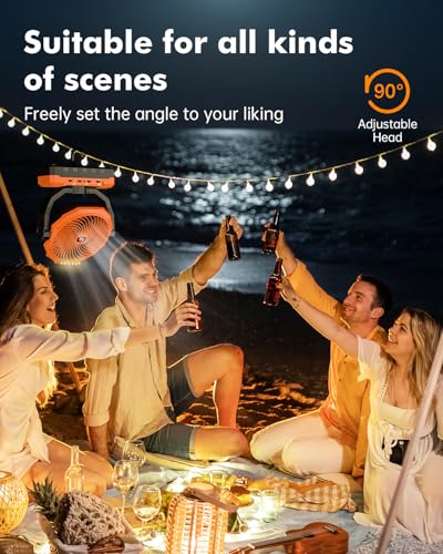 Orange 36000mAh Detachable Rechargeable Camping Fan with LED Light and Power Bank