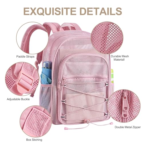 Pink Heavy Duty Mesh Backpack for Adults 20L Large Capacity Sports & Travel