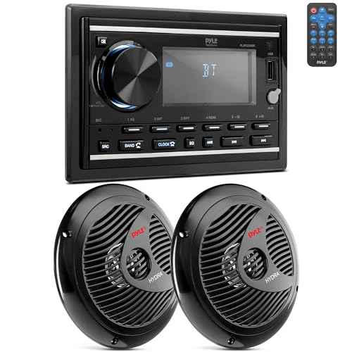 Pyle Boat Bluetooth Marine Stereo Receiver - Marine Head Unit Double DIN Stereo Receiver Power Amplifier & Speaker Kit - Hands-Free Calling, AM/FM/MP3/BT/USB/AUX - Remote, Speakers - Pyle PLMR2DNBK