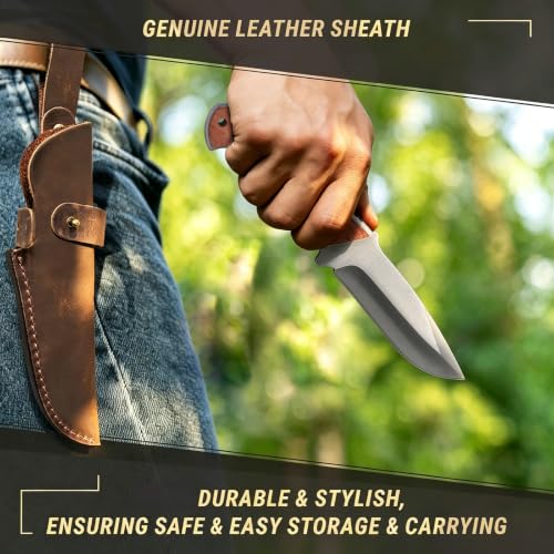 9.2 Inch Carbon Steel Fixed Blade Hunting Knife with Wooden Handle and Leather Sheath