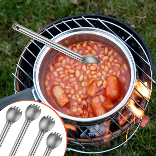 4 Pcs Titanium Camping Utensils Long Handle Spork and Spoon Ultralight Portable Flatware Set