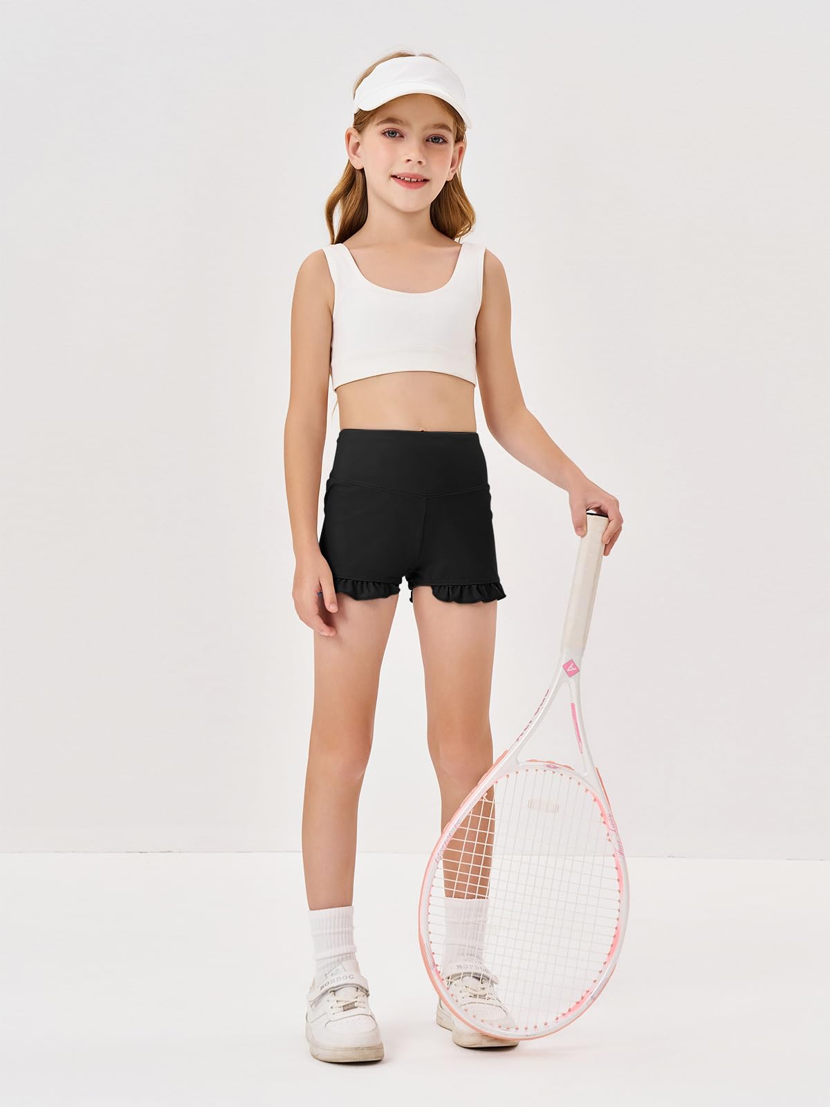 rrhss Girls Athletic Ruffle Shorts High Waisted Yoga Dance Shorts Comfy Workout Gymnastics Shorts Black