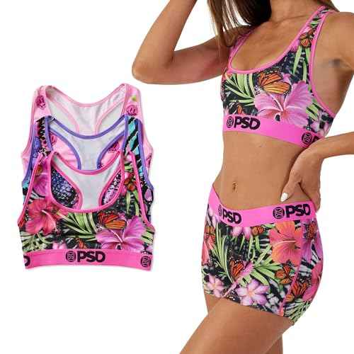 PSD Womens Sports Bra ? Wild Trip 3-Pack, Comfortable Medium Support Sports Bras for Women Pack, Womens Racerback Sports Bras Multipack, Large