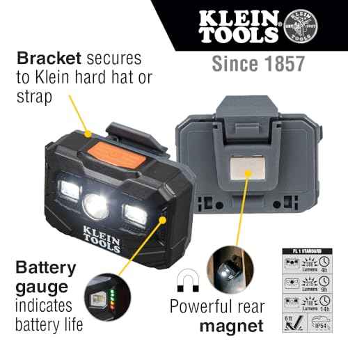Klein Tools 80174 (2) Rechargeable LED Headlamps with Headlamp Bracket and Fabric Strap, 300 Lumen All-Day Runtime, for Klein Hard Hats, 3-Piece