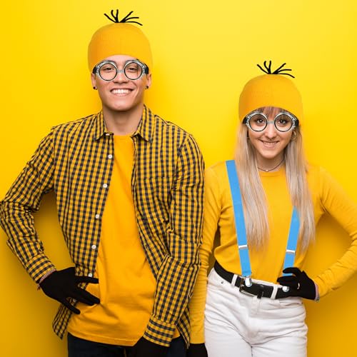 Halloween Costumes for Women Adult, 3PCS Steampunk Goggles Yellow Beanie Hat & Black Gloves and Blue Suspenders for Men Women Funny Halloween Costumes Cosplay Party Set