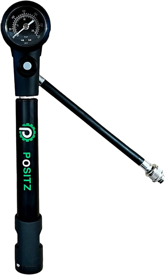 MTB High Pressure Suspension Shock Pump (300 PSI Max) for Mountain Bike Forks & Rear Suspension Systems with Easy Attach Nozzle for Maximum Pressure