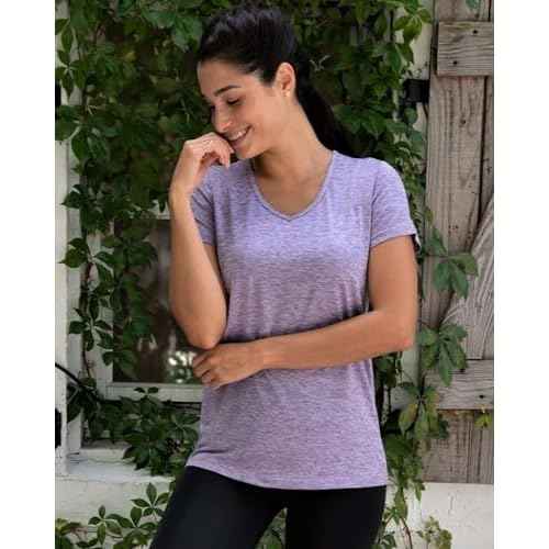 Real Essentials 5 Pack: Women's Dry Fit Short Sleeve V Neck Workout Top - Fitness Gym Athletic Yoga T-Shirt (Plus Available)