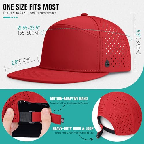 Red Flat Brim Baseball Cap for Men Adjustable Water-Resistant Breathable Performance Hat