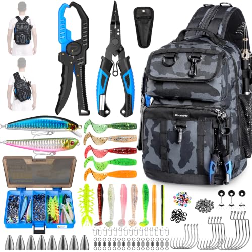 PLUSINNO Fishing Backpack with Tackle Box - Black Camouflage Waterproof Storage Bag