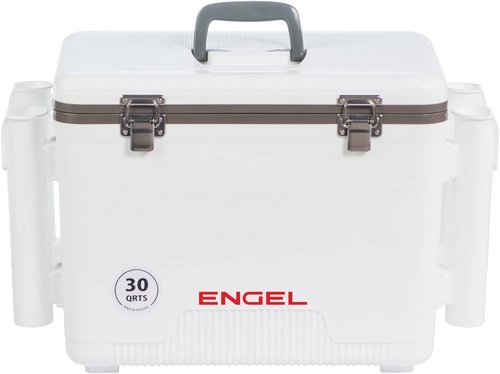 Engel UC30 30qt Leak-Proof, Air Tight, Fishing Drybox Cooler with Built-in Fishing Rod Holders, Also Makes The Perfect Hard Shell Lunchbox for Men and Women in White