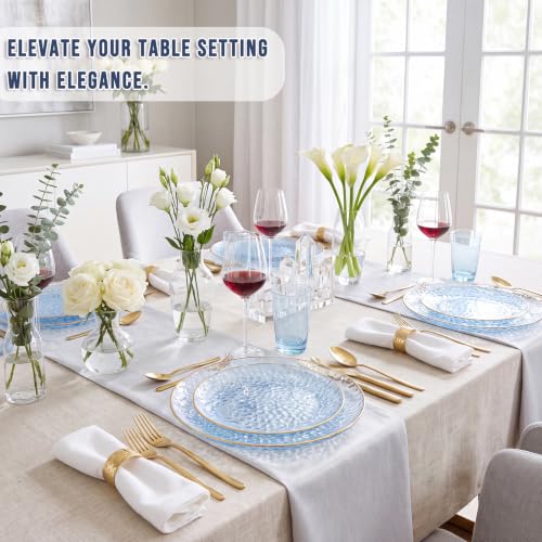 Clear Blue Plastic Plates with Gold Rim - Hammered Design, Disposable Party Dinner & Dessert Plates, 60Pcs, Variation: Clear Blue Gold