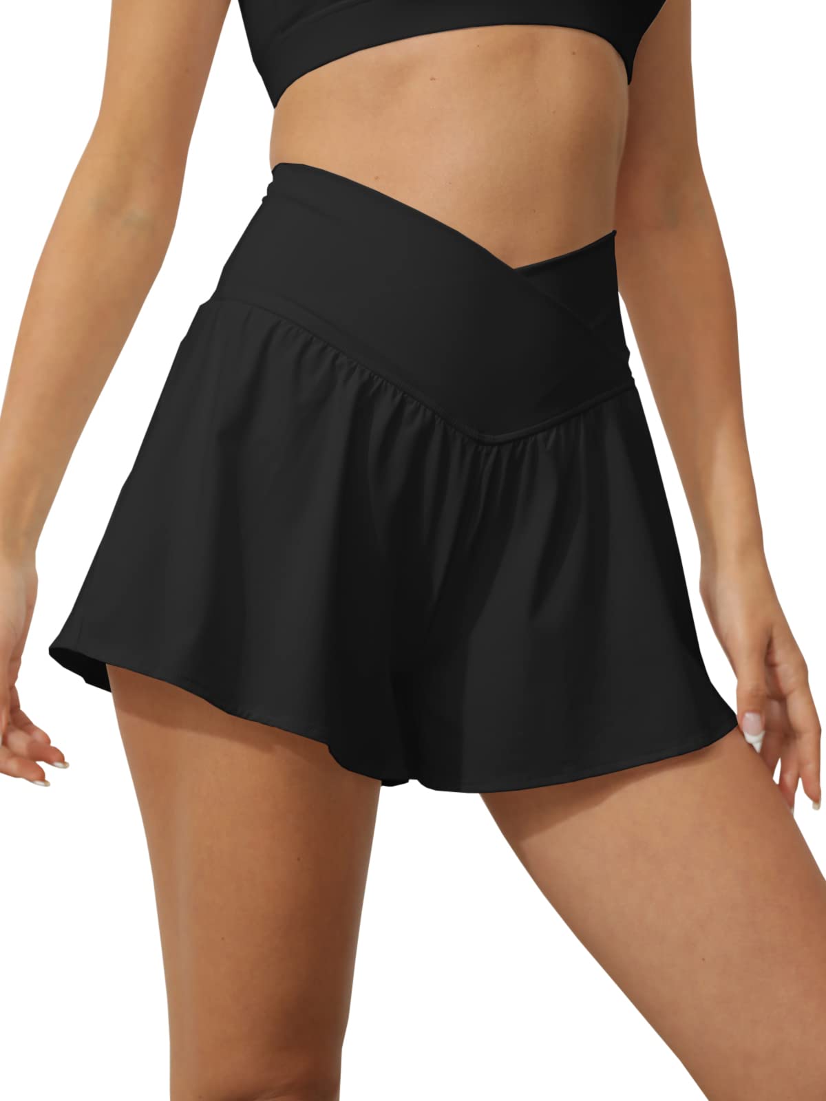 Tongmingyun Women Crossover Shorts Flowy Athletic Butterfly 2 in 1 Shorts with Pocket High Waist Running Workout Skorts Black