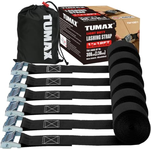 TUMAX Black 6-Pack 1" x 12FT Cam Buckle Tie Down Straps - Heavy Duty Cargo Securing
