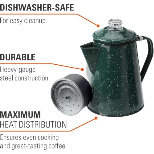 Green 12-Cup Enamelware Coffee Percolator Pot for Camping & Outdoor Use