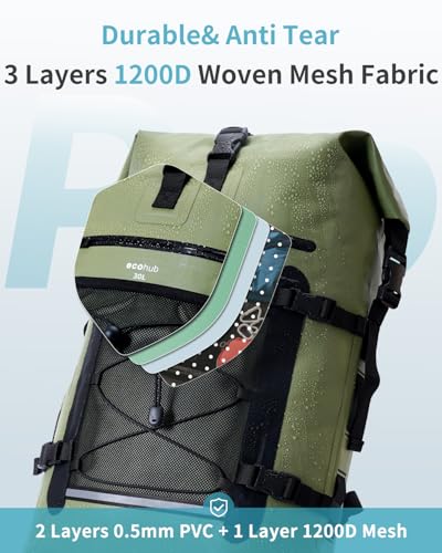 Ecohub Waterproof Backpack 30L Green Roll-Top Heavy Duty Dry Bag