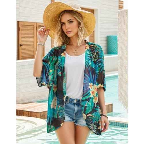 Women's Floral Print Puff Sleeve Kimono Cardigan Loose Cover Up Casual Blouse Tops