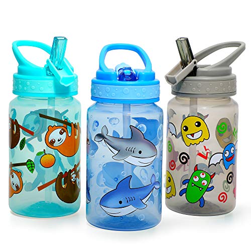 Kids Water Bottle 15oz BPA Free Leak-Proof Flip Straw Drink Bottle - Shark & Sloth & Monster