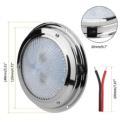12V Marine Dome Light with Stainless Steel Base and White LED, 5.5 Inch Surface Mount