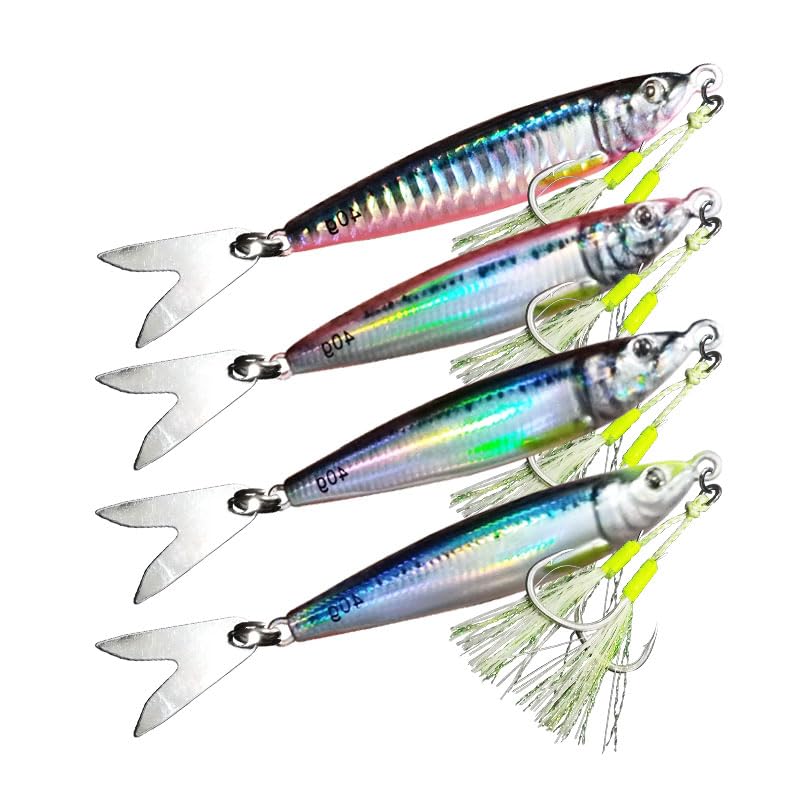 Feianoto Long Casting Slow Pitch Jig Lure Fishing UV Glow Jigs Metal Spoons 3D Print Falling Angler Metal Hard Bait Sinking Jigging Pesca Bait with Glow Hooks(1.4oz/40g, 4 pcs)