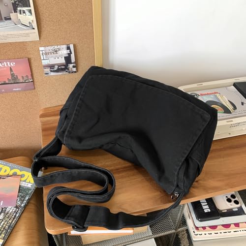 Canvas Messenger Bag for Women & Men - Casual Crossbody Satchel Black