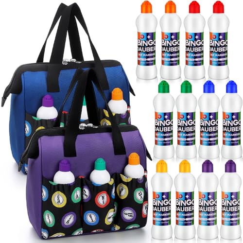2 Pack Bingo Bag with 12 Daubers and 6 Pockets - Blue and Purple, 2.2 oz