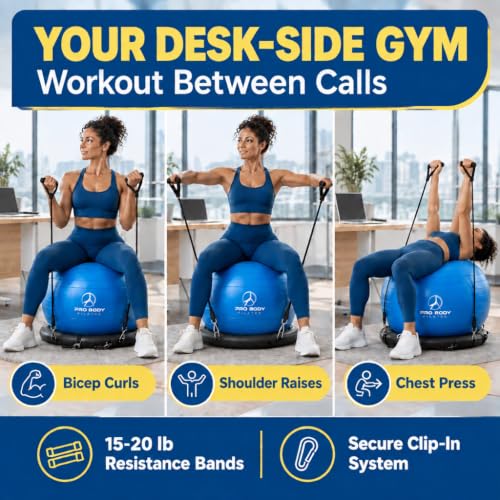 ProBody Pilates Yoga Ball Chair with Resistance Bands - Blue, 75 cm